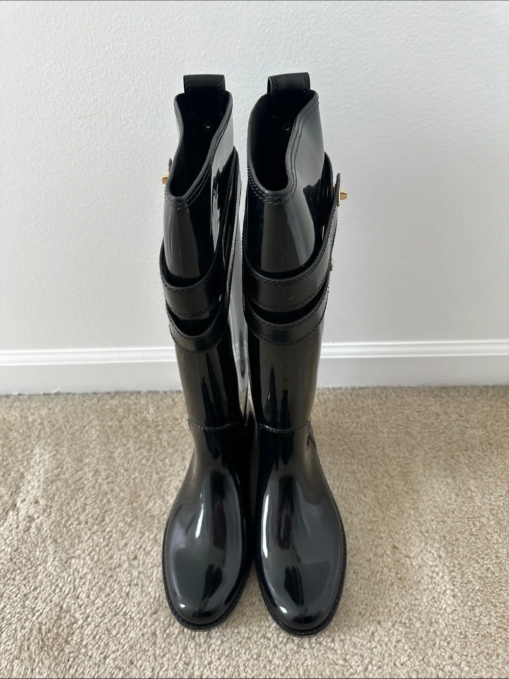 Coach Patent Black Knee-High Rain Boots with Gold Accent